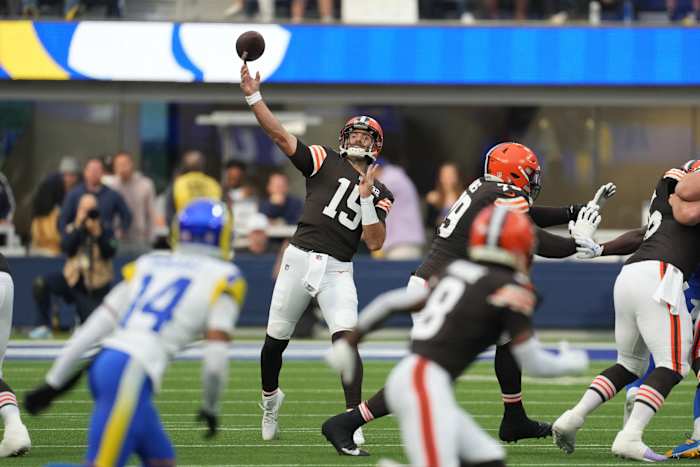 Dec 3, 2023; Inglewood, California, USA; Cleveland Browns quarterback Joe Flacco (15) throws the ball against the Los Angeles Rams at SoFi Stadium. Mandatory Credit: Kirby Lee-USA TODAY Sports